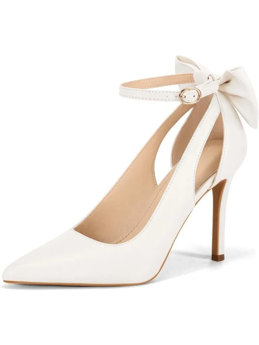 Women's Light Beige Pointed Toe High Heels Ankle Strap Sexy Bowtie Back Sandals
